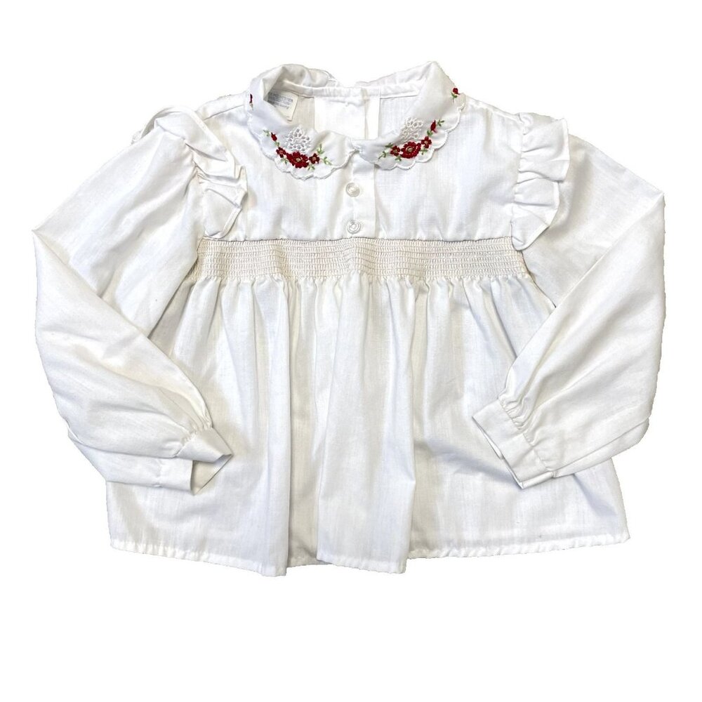 Vintage Smocked Blouse Girls Size 5 White Good Hand Embroidered Floral Ruffle